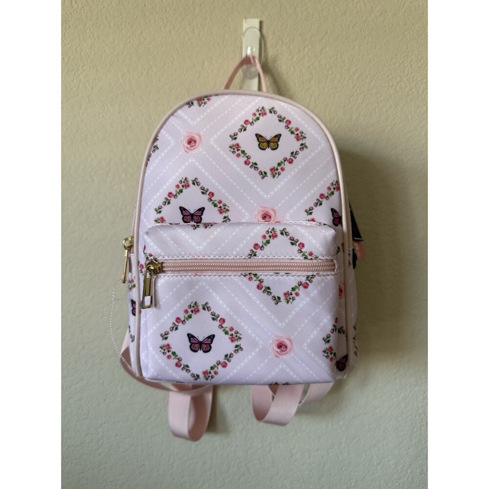 Pink Floral Roses Butterfly Pink Adjustable Straps Pocket Nylon Mini Backpack